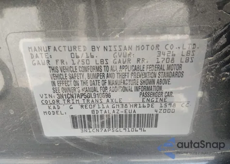 2016 Nissan Versa 1.6 S+ z USA, uszkodzony, nr VIN 3N1CN7AP5GL910696